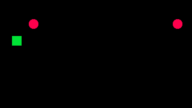 Green square with red circles flying across the screen