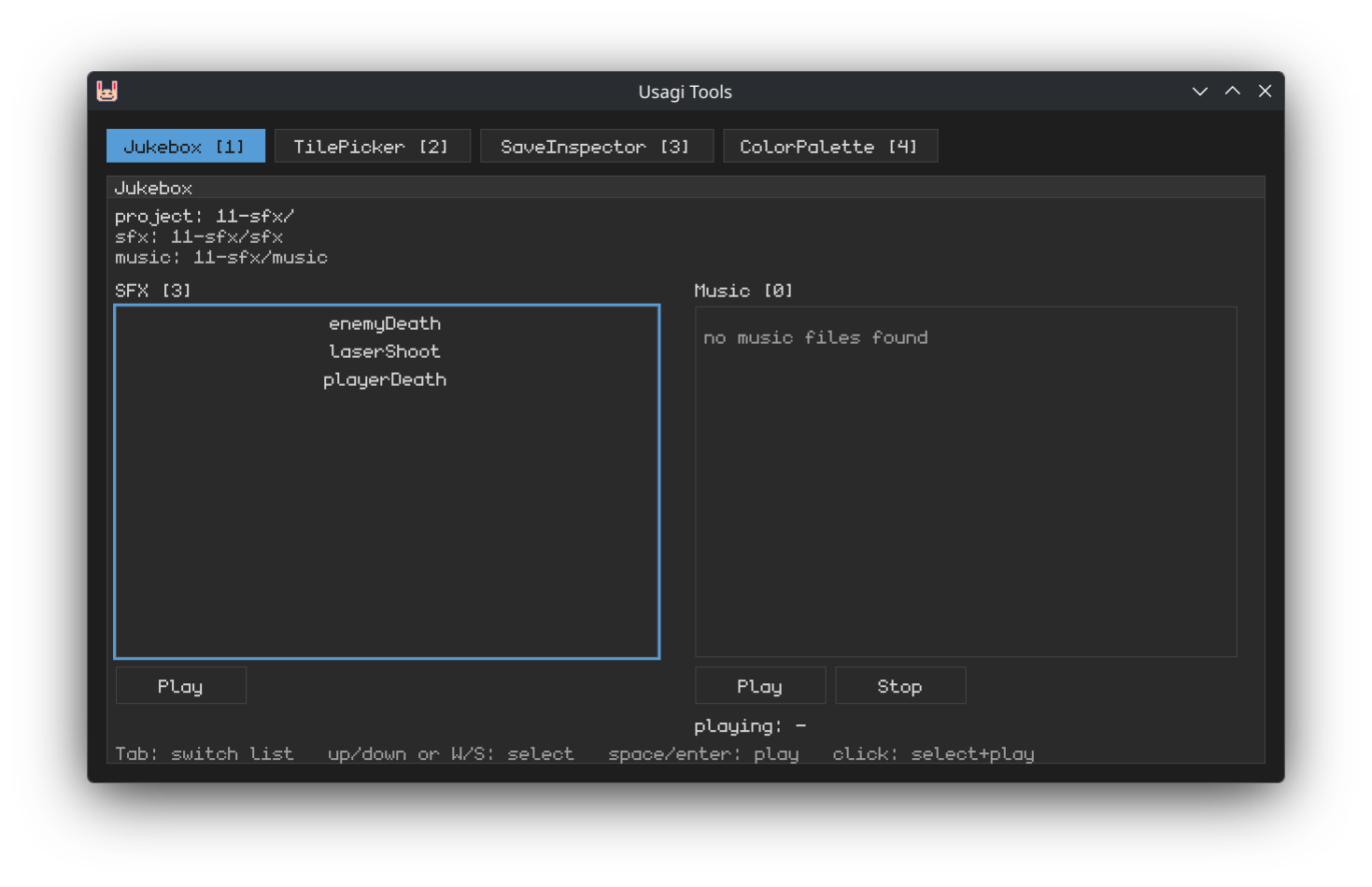 screenshot of Usagi Tools’ Jukebox showing the available sound effects to play