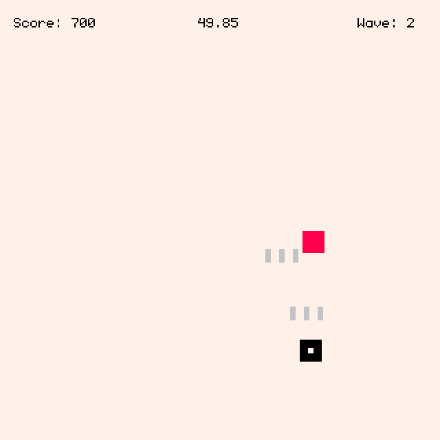 Completed game showing a player moving, firing bullets, and defeating enemies